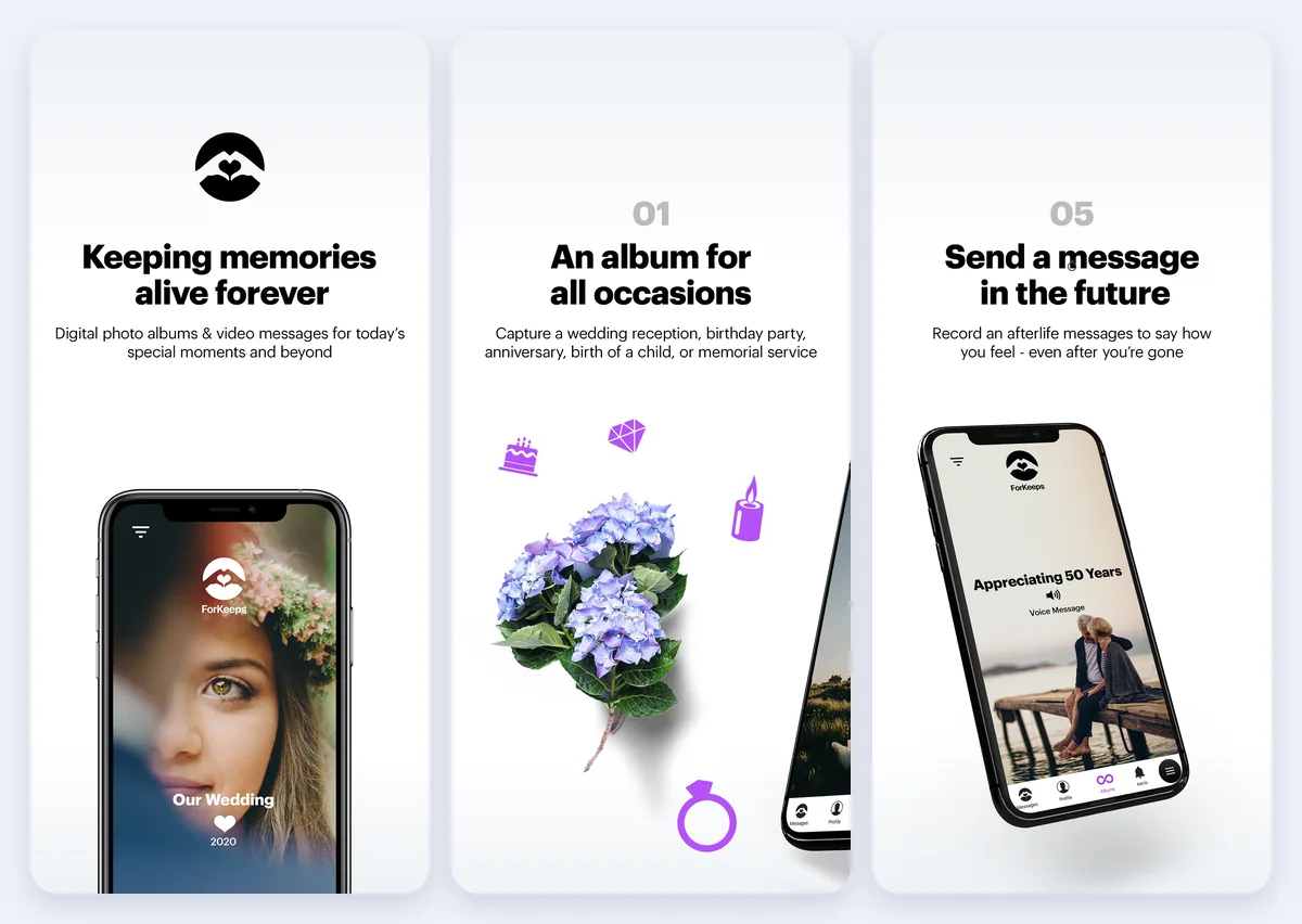 ForKeeps App Store screenshots: keeping memories alive forever, an album for every occasion and a message for the future