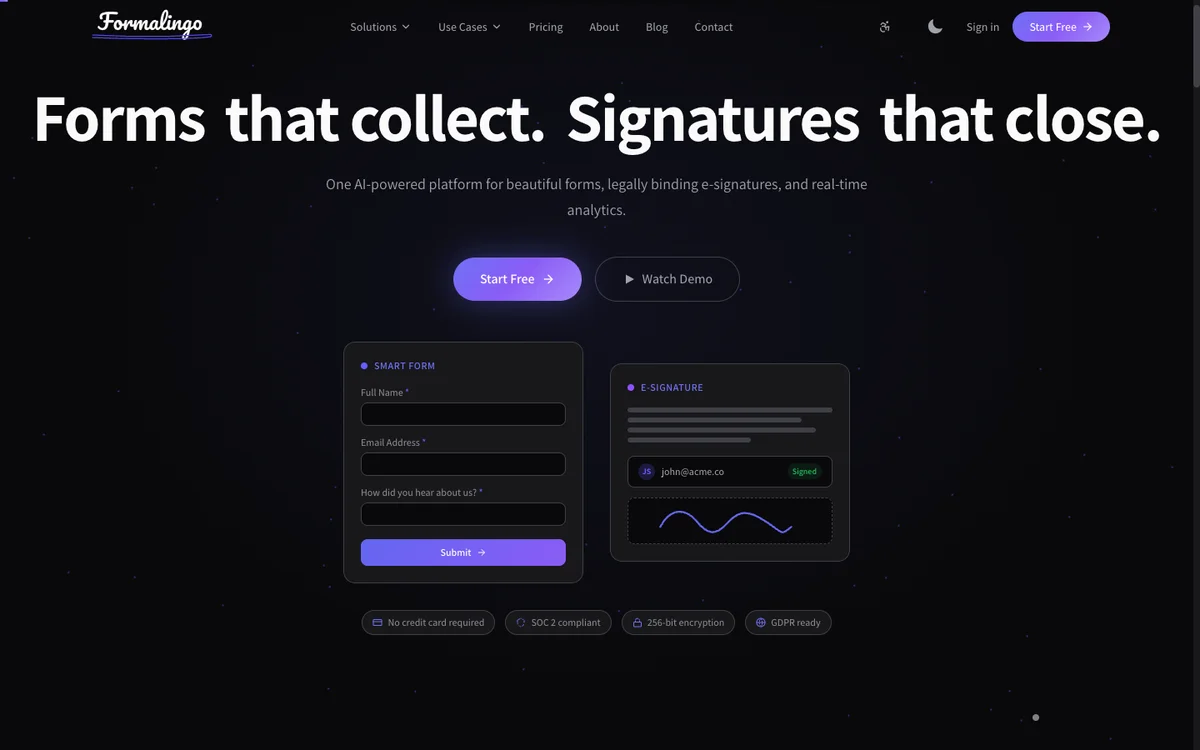 The Formalingo homepage — AI form builder and e-signature platform