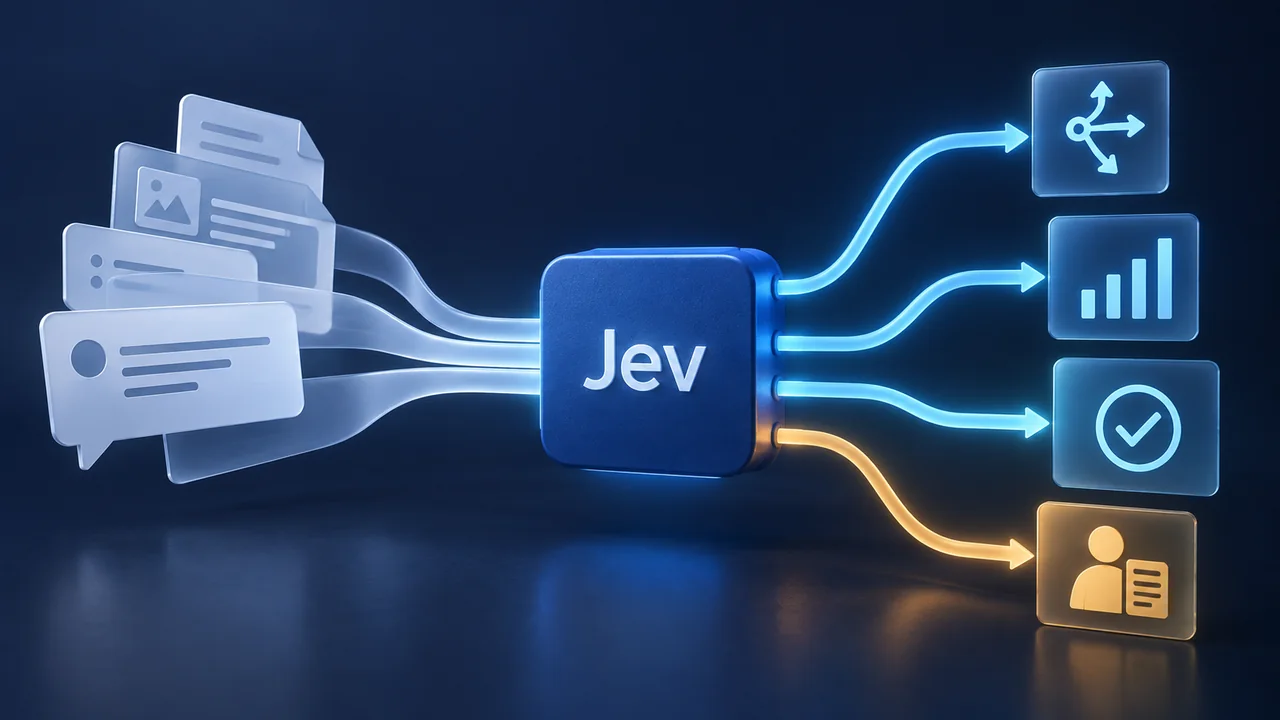 Messages and documents flow into a blue Jev module, branching into choice, score, a yes/no judgment, and human review