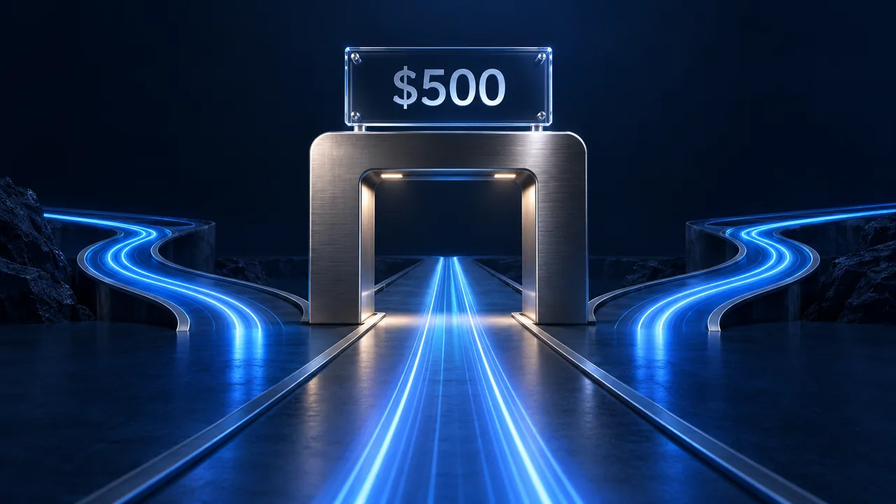 A cobalt-lit metal gate with a glass $500 plaque, while two blue light paths bypass the gate