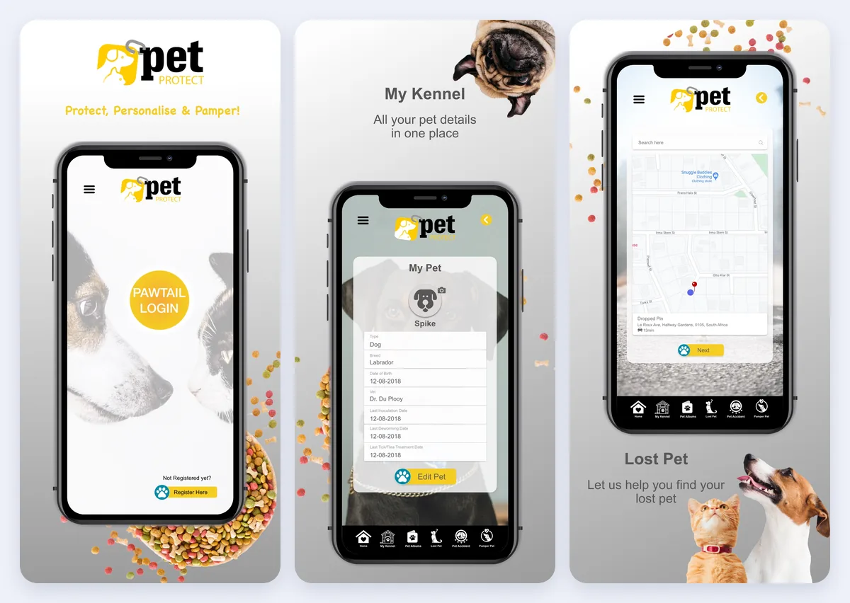 צילומי מסך של PetProtect מ-App Store: מסך הפתיחה, המלונה הדיגיטלית ואיתור חיה שאבדה