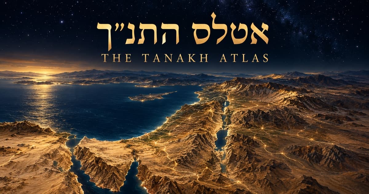 מפת תבליט תלת־ממדית זהובה של ארץ ישראל והסביבה תחת שמי לילה, עם הכותרת אטלס התנ״ך