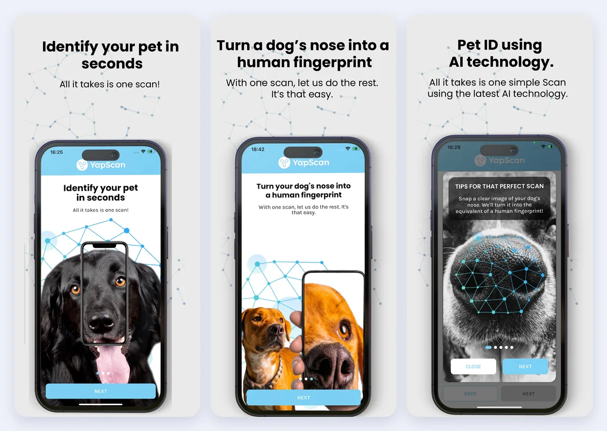 YapScan App Store screenshots: identify your dog in seconds, scan the nose print and get an AI-powered pet ID